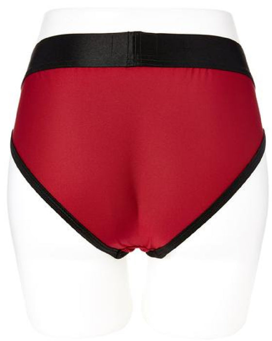 Em. Ex. Contour Red Strap-On Harness Brief - Small to XXXL back view on a mannequin