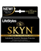 A box of Lifestyles Skyn Latex Free Lubricated Condoms 12 Pack made from polyisoprene material, emphasizing close contact and maximum protection, and latex-free for your comfort.