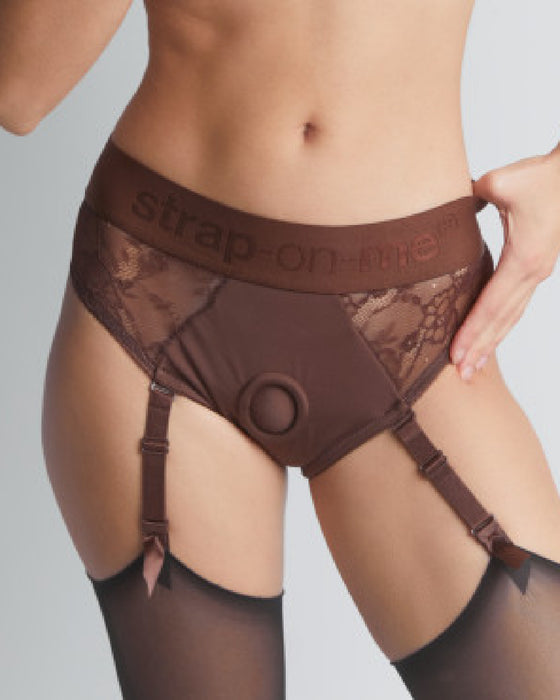 Brown Strap-On-Me Diva Sexy Garter Style Lingerie Harness on a model straight on with no dildo