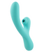 Modern teal-colored Sugarotic Clitoral Suction Rabbit Vibrator by Rock Candy with a sleek design featuring dual stimulation points for clitoral suction and G-Spot sensations.
