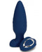 Nu Sensuelle Andii Roller Motion Butt Plug with Remote - Navy Blue next to remote laying on its base 