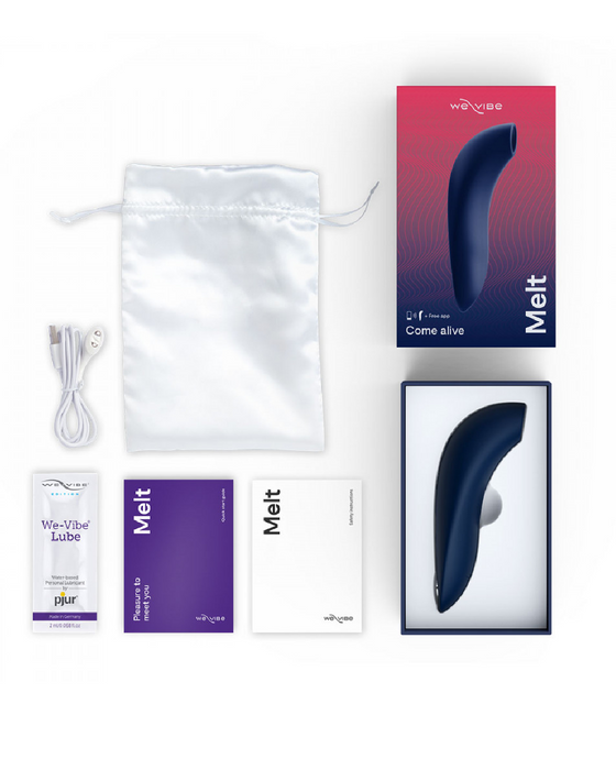 We-Vibe Melt Rechargeable Pleasure Air Clitoral Stimulator - Blue box and contents
