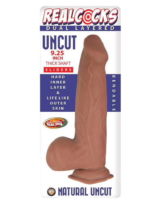 Realcocks Uncut 9" Fat Dick Slider Dildo with Sliding Skin - Chocolate