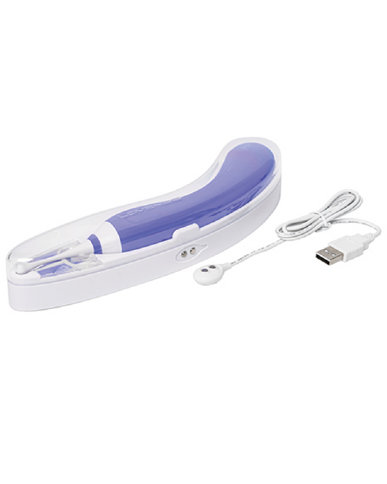 Lovense Hyphy Dual Ended High Frequency Vibrator with App Control showing storage case and charging cord
