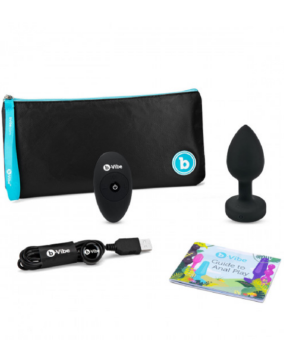 B-vibe Vibrating Jewel Anal Plug M/L - Black  remote and plug  kit with carrying pouch, user guide, remote and charger 