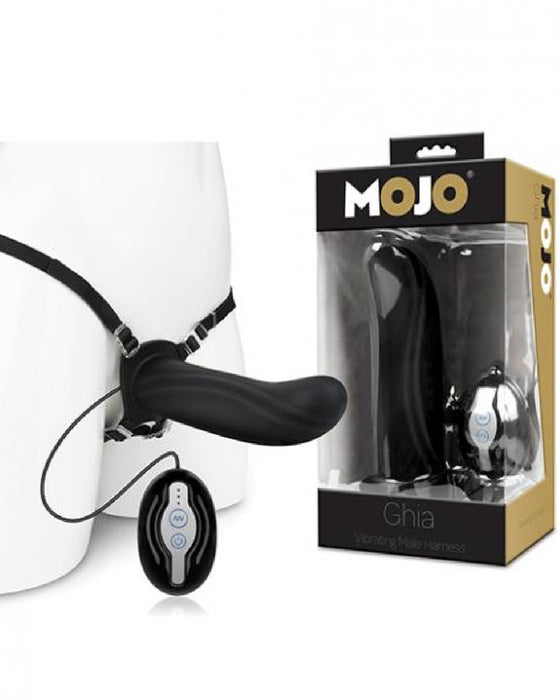 Mojo Ghia Vibrating Hollow Dildo Harness with Remote mannequin wearing dildo with package next to it 