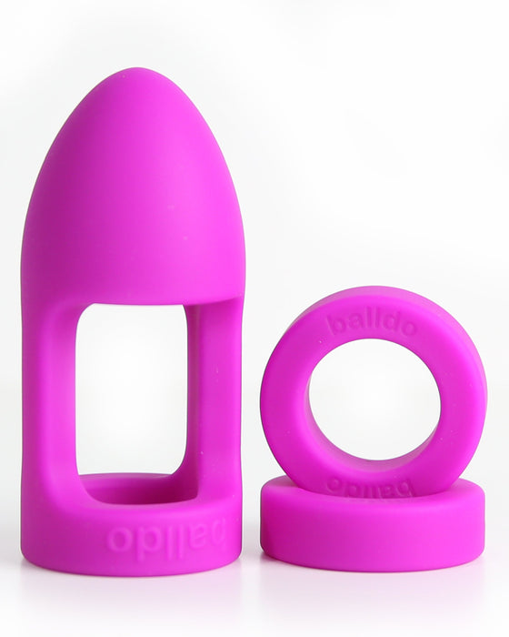 Balldo: The World's First Ball Dildo - Pink on white background with spacer rings
