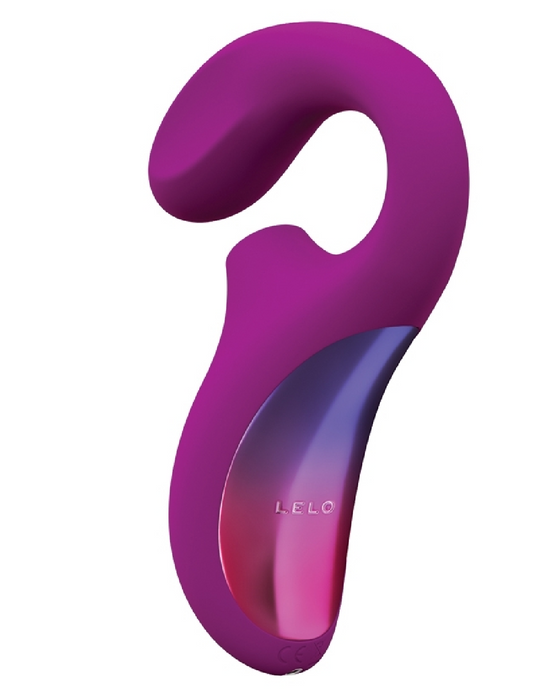 LELO Enigma Dual Stimulation Sonic Massager - deep rose against a white background turned to show the metal backing and g-spot insertable shaft