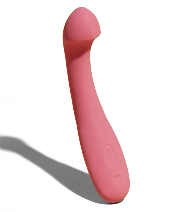 Dame Arc Silicone Waterproof G-Spot Vibrator against a white background tilted to show the buttons and hooked end