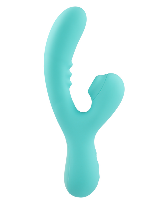 Sugarotic Clitoral Suction Rabbit Vibrator with curved design for G-Spot sensations on a white background by Rock Candy.