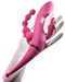 A pink premium silicone Four By Four Quadruple Stimulation 3 Motor Ultra Powerful Vibrator with a curved shape and textured details, held by a mannequin hand against a white background. (Brand Name: Evolved Novelties)