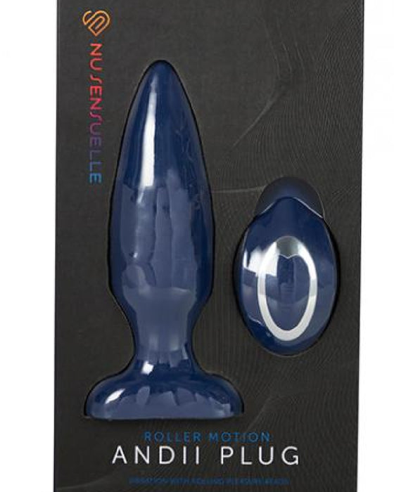Nu Sensuelle Andii Roller Motion Butt Plug with Remote - Navy Blue black product box 