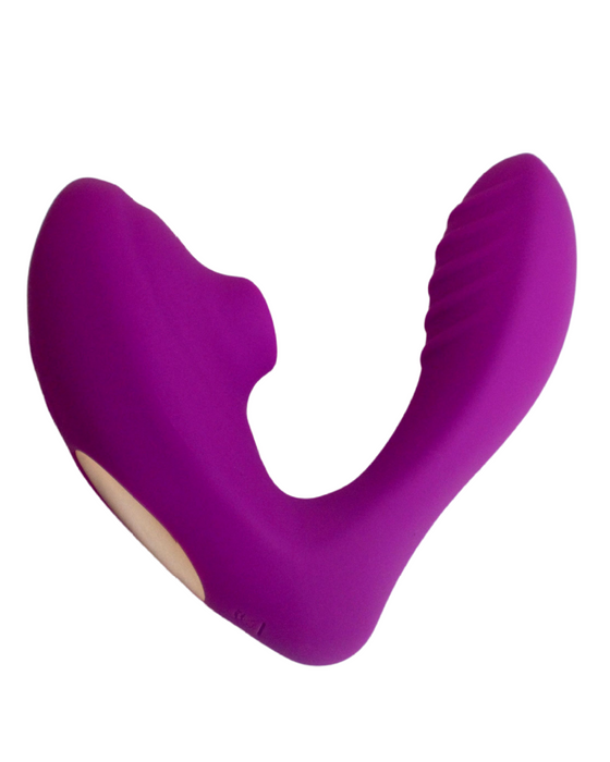 Beso Plus Suction Dual Stimulation Vibrator - Purple against a white background showing the ridges on the g-spot arm