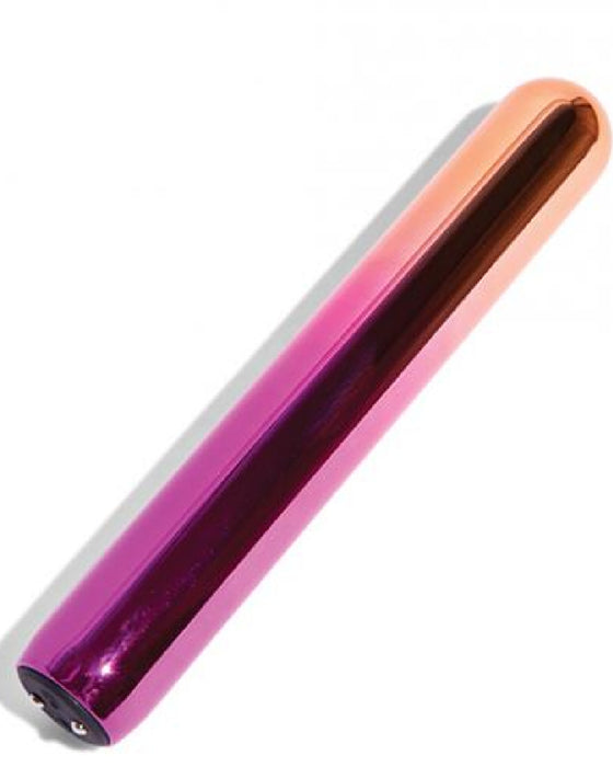 Sensuelle Aluminum Rumba Rainbow Bullet Warming Vibrator on an angle on white background 