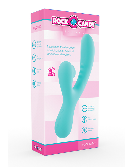 Sugarotic Clitoral Suction Rabbit Vibrator: experience the dual sensation with a sleek silicone rabbit vibrator, featuring multiple vibrations and clitoral suction settings for a customizable experience.
