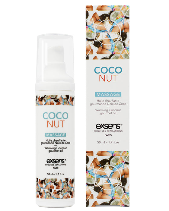 Exsens Coconut Flavored Warming Massage Oil 50ml designed for foreplay with a coconut theme and warming sensation.