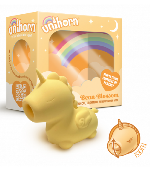 Unihorn Unicorn Shaped  Tongue Vibrator - Yellow next to box 