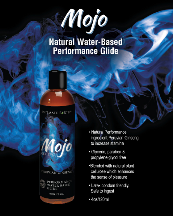Mojo Peruvian Ginseng Water Based Performance Glide by Intimate Earth 4 oz poster with product details 