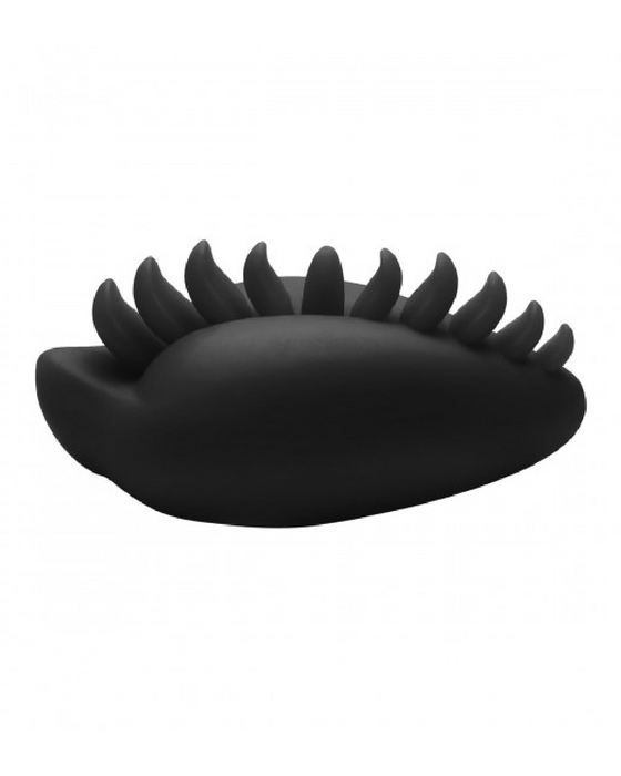 A black, abstract sculpture resembling a stylized lotus with elongated, smooth petals, viewed from a side angle, creatively functions as a Shagger Extreme Textured Dildo Base for Harness Play by Bumpher cover against a white background. Brand Name: Bananapants