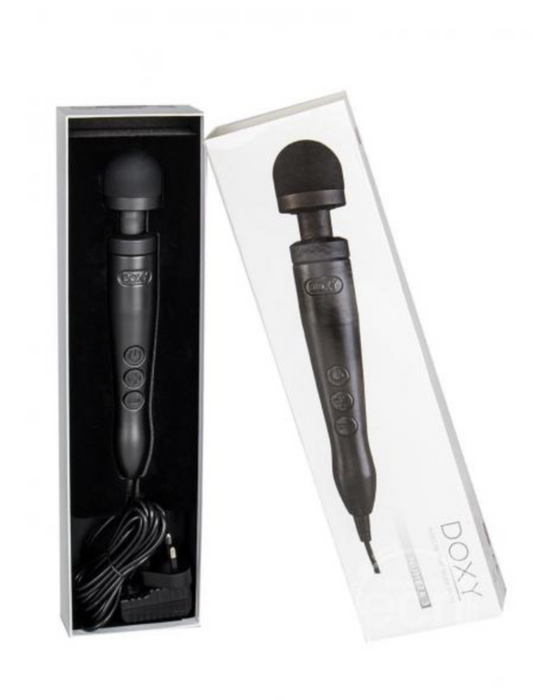 Doxy Number 3 Aluminum Extra Powerful Massage Wand Vibrator - Matte Black upright picture of wand in box lid off 