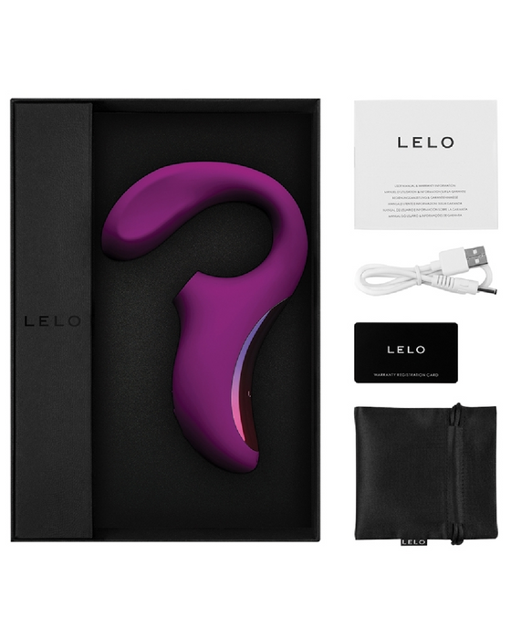 LELO Enigma Dual Stimulation Sonic Massager - deep rose shown in the box and with the box contents - charger, storage pouch , free lube sample