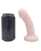 The Primo Vanilla Tone Uncut Dual Density Silicone Dildo by Uberrime next to a pop can for scale