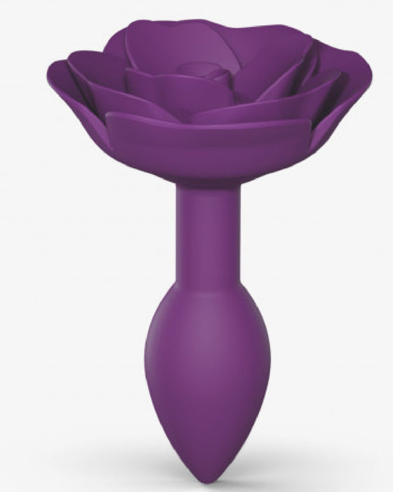 Open Roses Small Silicone Anal Plug - Purple upright on white background 