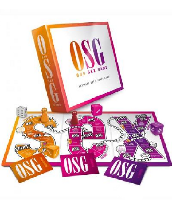 A colorful image showcasing components of the "Our Sex Game OSG," including cards, a game board, and a die arranged in a playful manner, inviting players to engage in erotic exploration by Creative Conceptions.