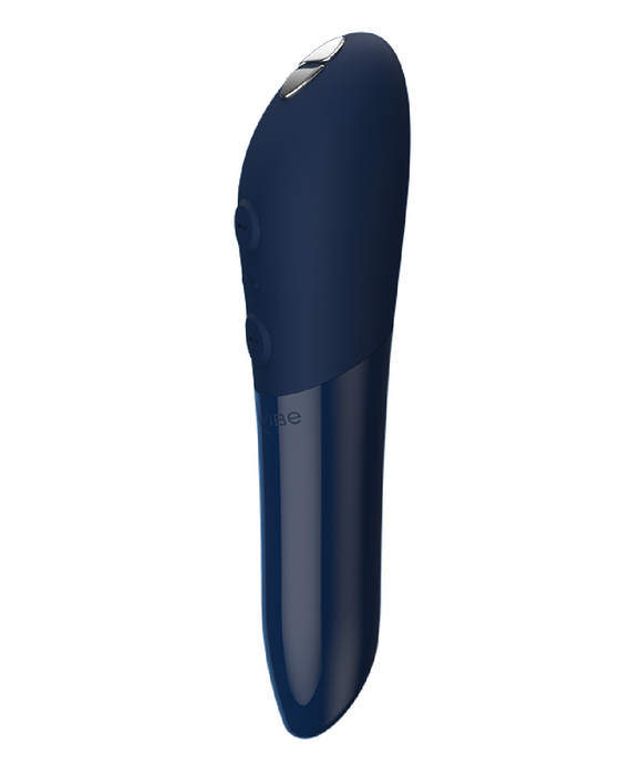 We-Vibe Tango X Powerful Bullet Vibrator - Midnight blue -  side view on a white background showing the angled tip