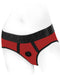 SpareParts Tomboi Strap-on Harness Briefs - Red/Blk men's underwear with brand name on the waistband and mini-vibe pockets, displayed on a mannequin torso.