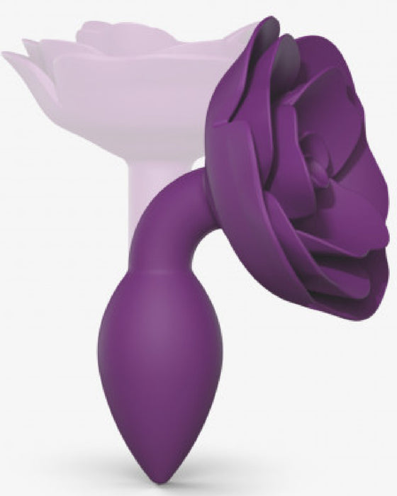 Open Roses Small Silicone Anal Plug - Purple bent over on its side 