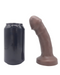 The Primo Chocolate Tone Uncut Dual Density Silicone Dildo by Uberrime compared to a pop can for size