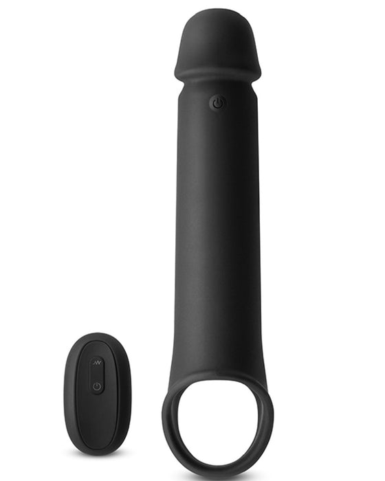 Renegade Brute Vibrating Hollow Penis Extension with Remote upright on white background 