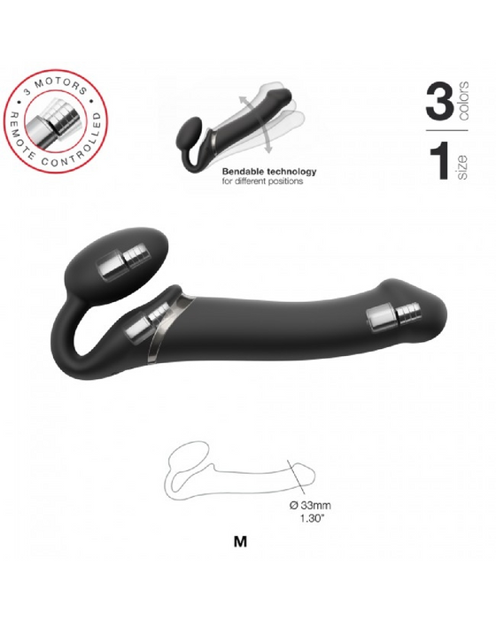 Lovely Planet Vibrating Strapless Strap On Black- Large graphic showing features of product 