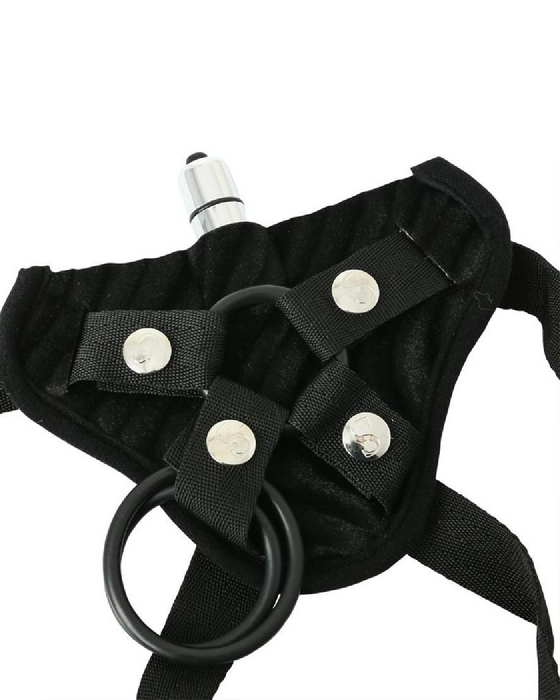 Raven Vibrating Corsette Strap-On Harness with Bullet Vibrator - Black laying on a white background