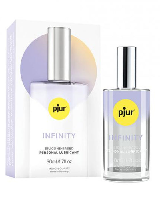 Pjur Infinity Silicone Lubricant in Glass Bottle -  1.7 oz next to package 