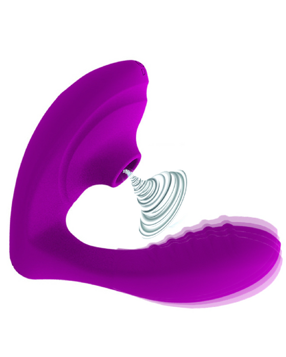 Beso Plus Suction Dual Stimulation Vibrator - Purple against a white background showing the side angle of the toy with a tornado style air swirl coming from the clitoral opening and showing movement of the g-spot arm