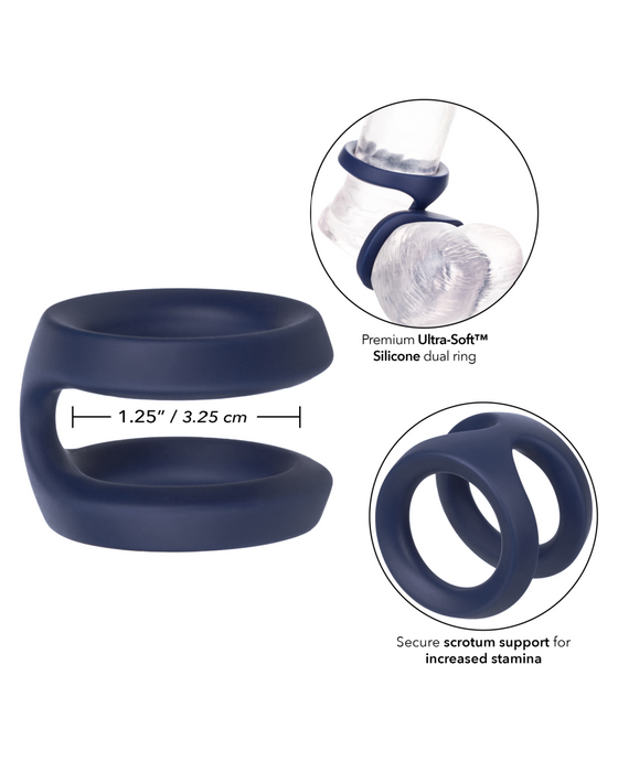 Viceroy Dual Loop Cock Ring for Penis & Testicles showing measurements and how to wear