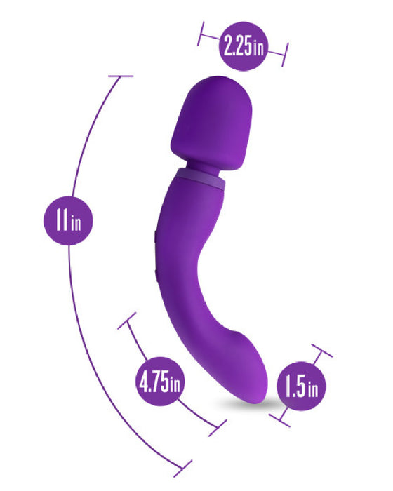 Image showing a purple, curved Wellness Dual Sense Double Ended Ergonomic Wand with Skin Sense technology, displaying measurements of various parts: 2.25 inches at the widest point, 1 inch handle, 4.75 inches. Brand: Blush.