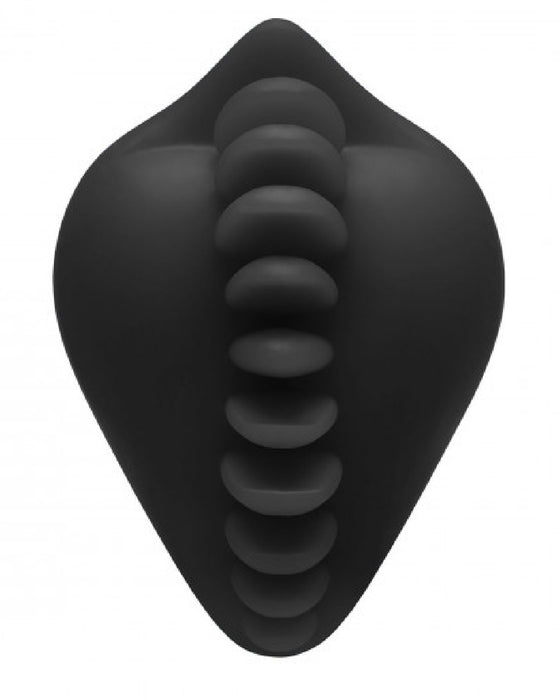 A black abstract 3d artwork featuring a series of rounded shapes aligned vertically down the center of a shield-like silhouette, all in a smooth, matte black texture designed as a Shagger Extreme Textured Dildo Base for Harness Play by Bananapants.