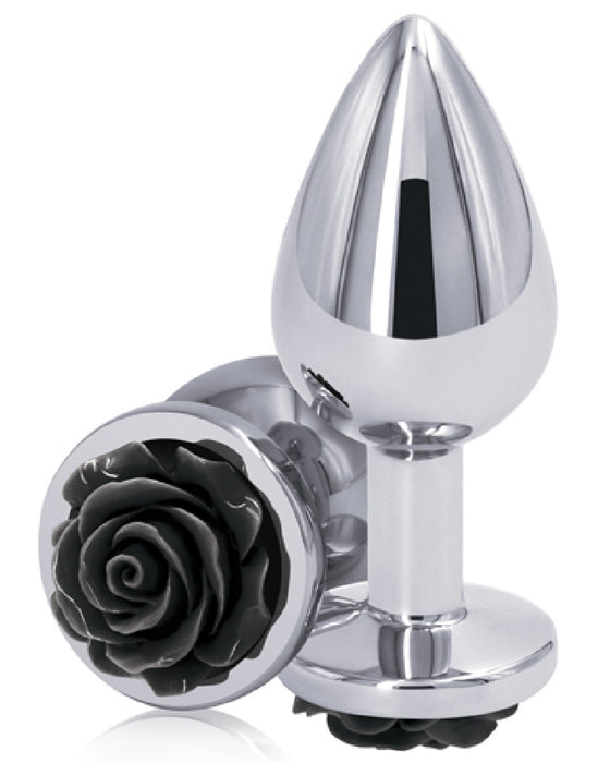Rear Assets Black Rose Anal Plug - Medium on a white background showing the side view and base view