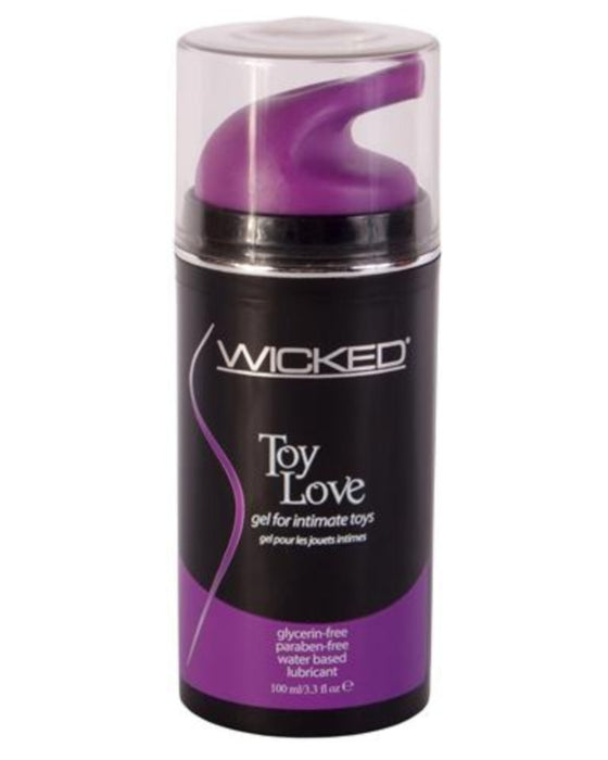 A bottle of Wicked Toy Love Lubricant Gel designed for use with intimate toys, highlighting its glycerin-free and water-based formula.