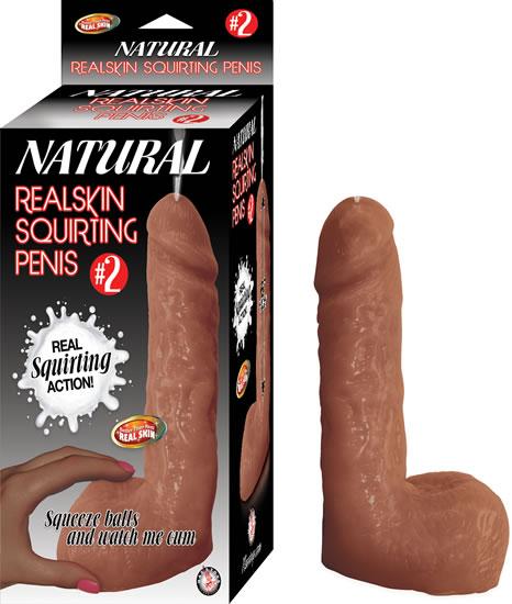 Natural Realskin Squirting Dildo 7 Inch - Chocolate against a white background next to the box