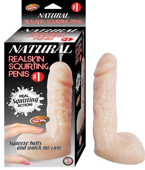 Natural Realskin Squirting Dildo 6 inches next to the box on a white background