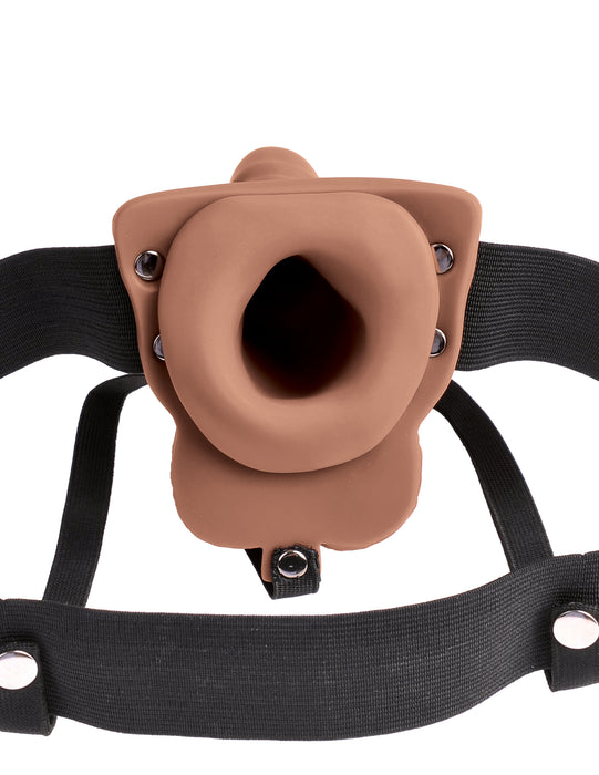 Fetish Fantasy Series Vibrating 6 Inch Hollow Rechargeable Strap-On with Balls - Caramel view of the entrance