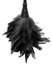 A Fetish Fantasy Frisky Feather Duster hanging upside down, with its seductive feathers fluffed out, against a white background.