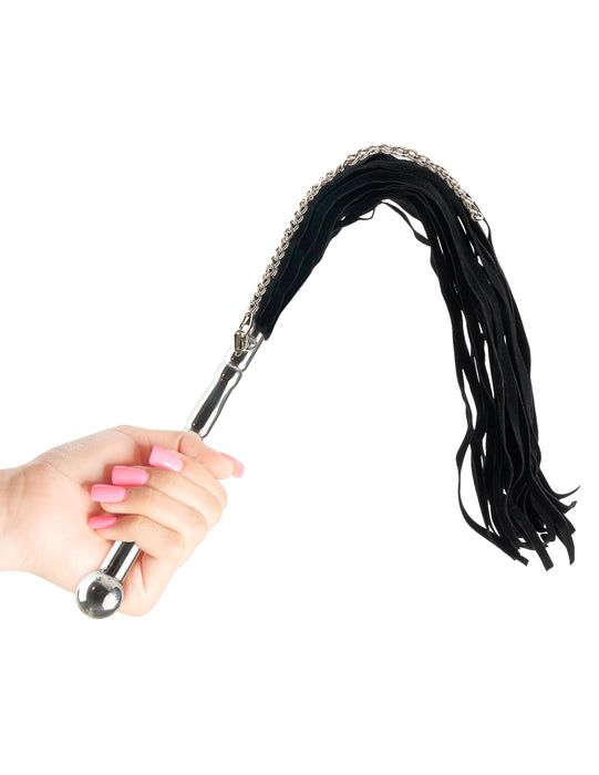 Fetish Fantasy Beaded Metal Flogger held in a hand