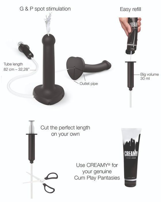 Diagram of a Lovely Planet Strap-On-Me 5.7 Inch Silicone Squirting Cum Dildo - Black with customizable tube length and easy refill feature, demonstrated with a lotion-like substance.