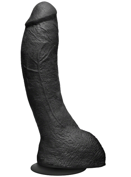 The Perfect P-Spot Cock Black 9 Inch Dildo - Kink by Doc Johnson against a white background, showing a side view of the shaft