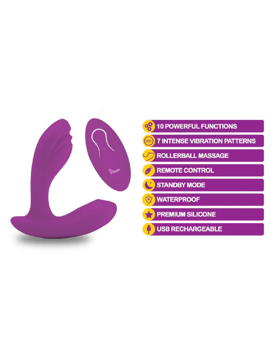Epiphany Clit and G-Spot Remote Control Panty Vibrator nex to graphic showing highlights of product 
